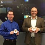 Elias Molen and Bryan DeBates in the AGI Space Missions Simulation Lab at the Discovery Center
