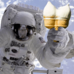 Picture of astronaut in spacesuit holding ice cream